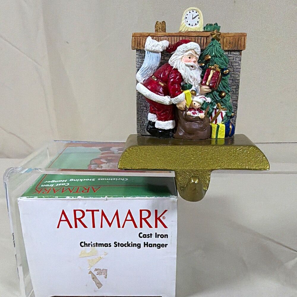 Vintage Artmark Cast Iron Santa Fireplace Christmas Stocking Holder Hanger w Box